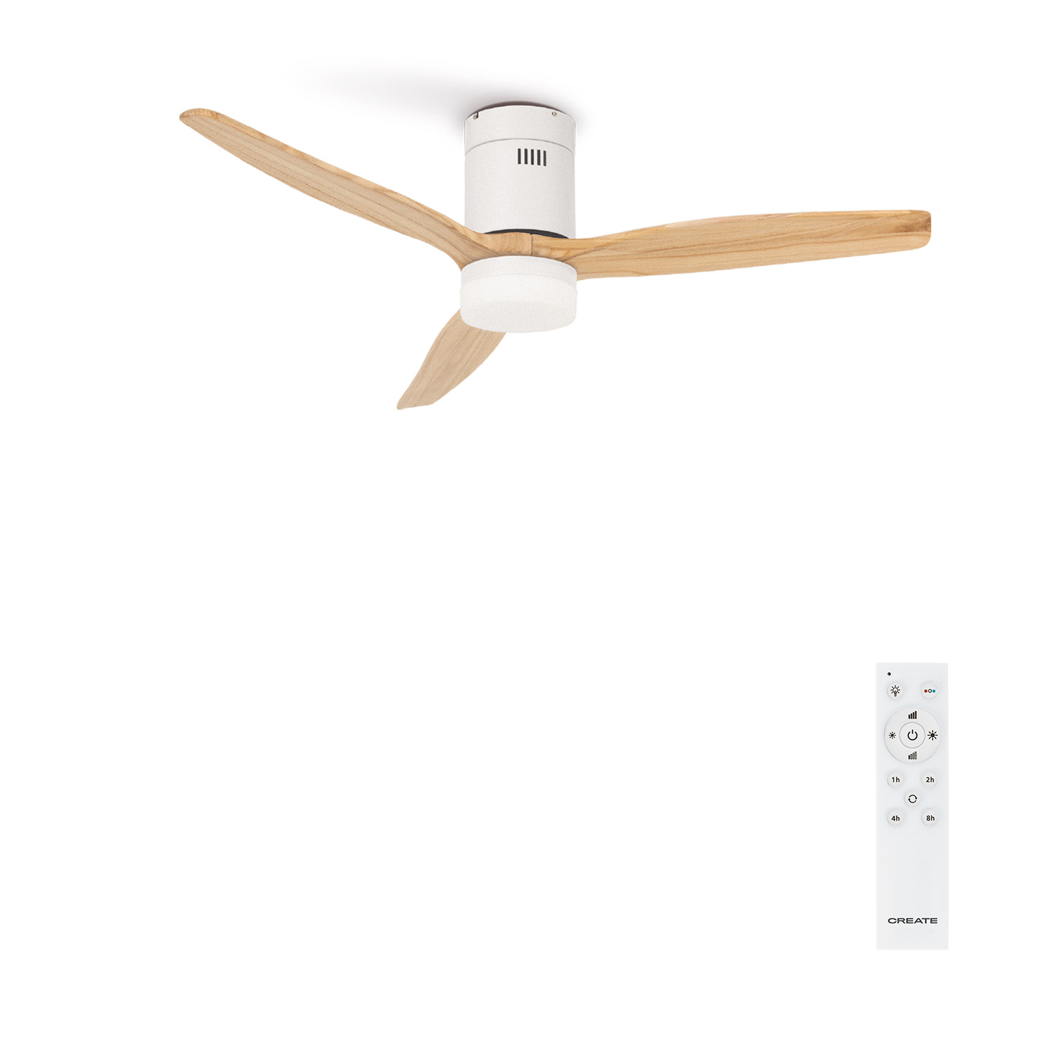 Ventilador de techo con tres aspas de madera y carcasa del motor blanca; mando a distancia a la derecha.