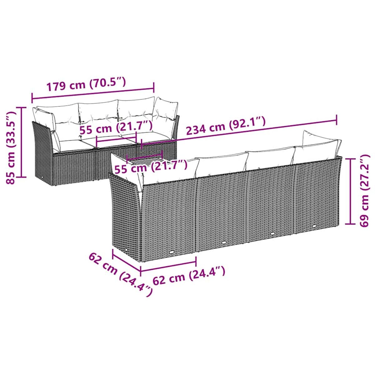 Uno sfondo bianco con un divano da esterno in rattan e etichette dimensionali.