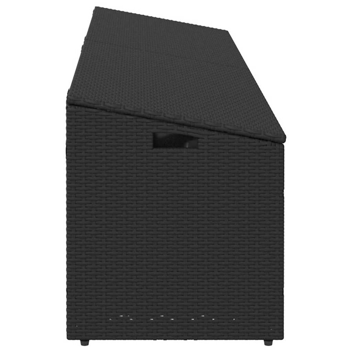 Eine schwarze Outdoor-Aufbewahrungsbox mit schrägem Deckel. Aus gewebtem Material.