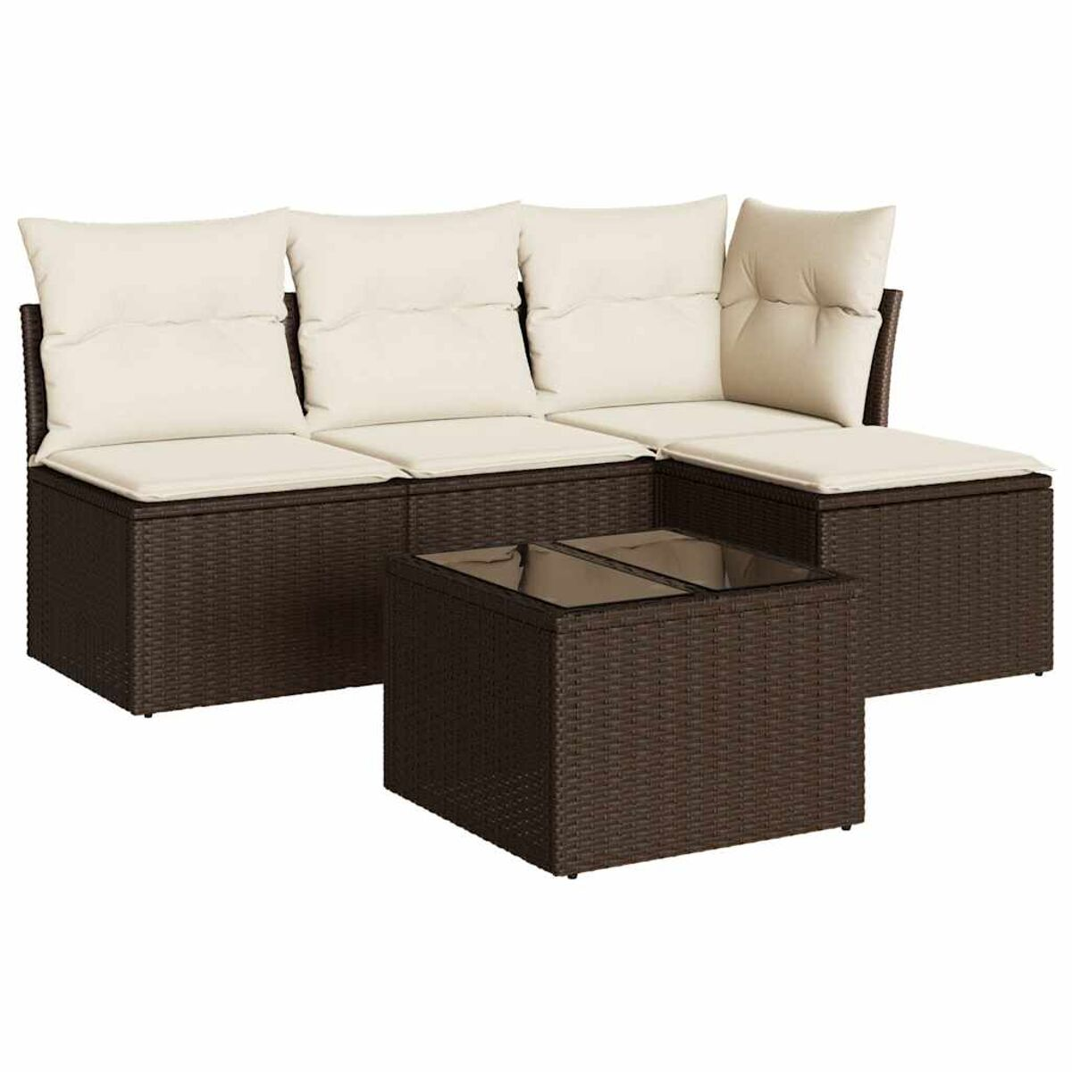 Set divano da esterno in vimini con cuscini beige e tavolino con piano in vetro.