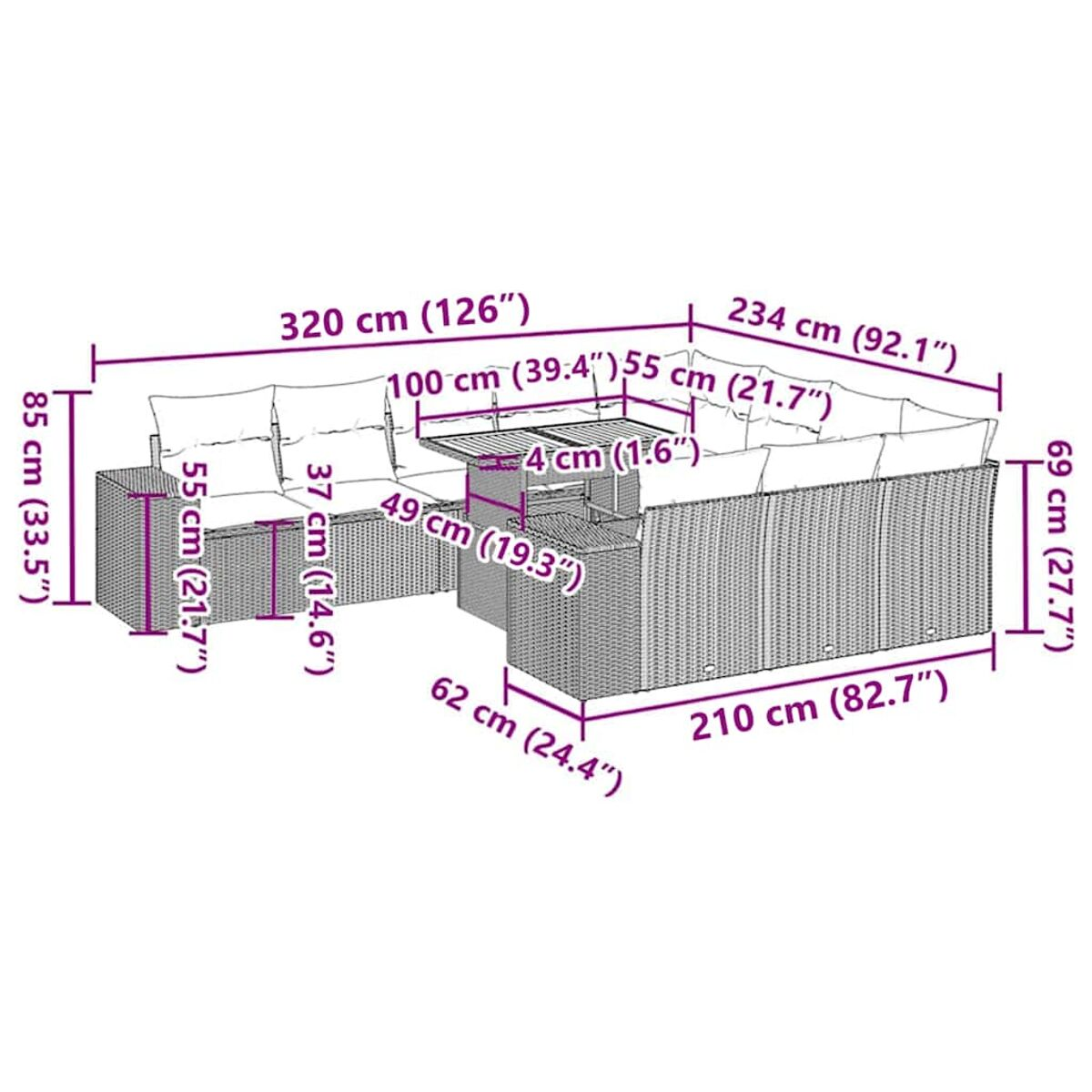 Diagramma che mostra le dimensioni di un divano angolare da esterno con cuscini e un tavolo. Misure in cm e pollici.