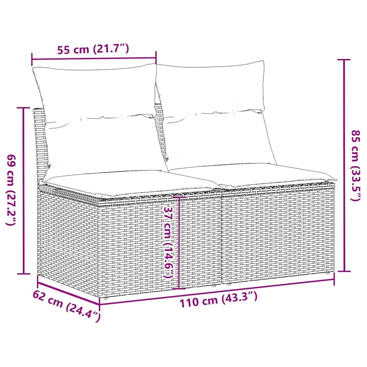 Zweisitziges Outdoor-Sofa mit Abmessungen. Das Sofa ist aus gewebtem Material und hat Kissen.