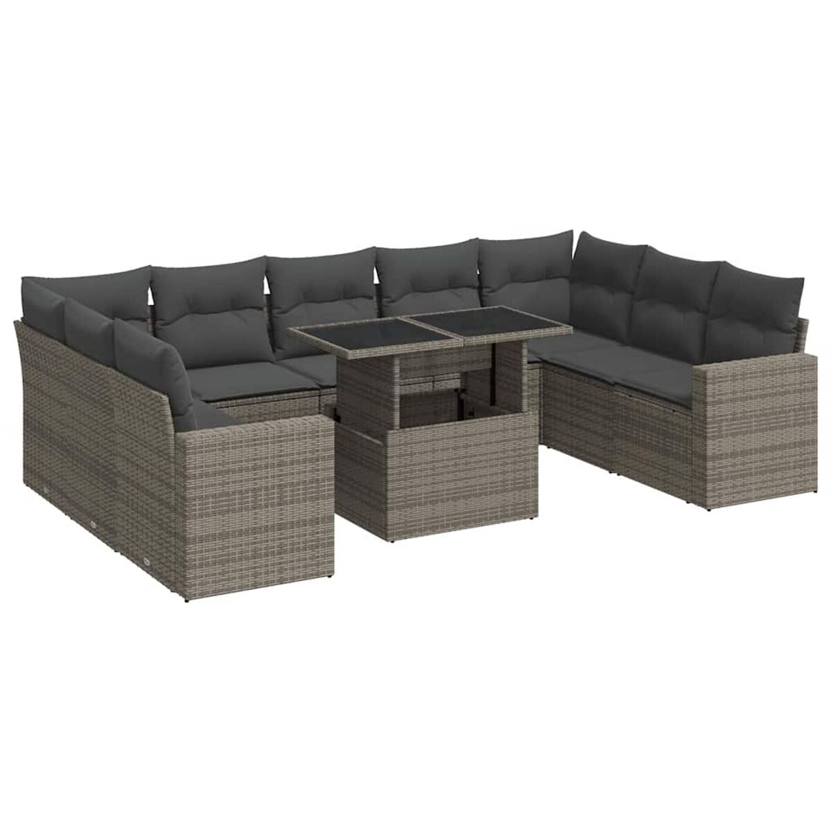 Set di mobili da esterno in vimini grigio con cuscini scuri e tavolo.