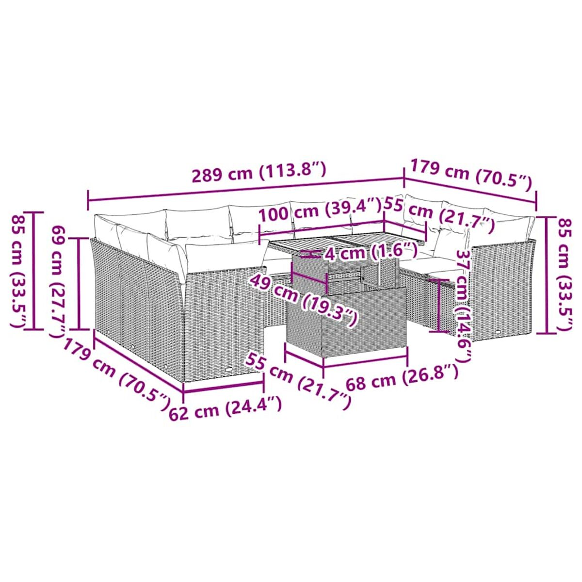 Un set di mobili da esterno modulare in rattan con dimensioni etichettate. Include un angolo e un tavolino.
