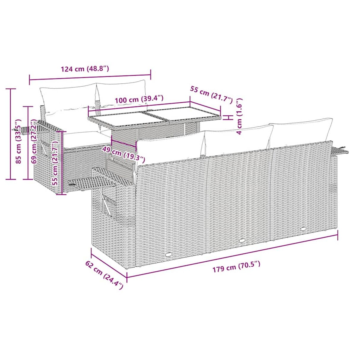 Sofá exterior con dimensiones etiquetadas en cm y pulgadas. Fondo blanco.