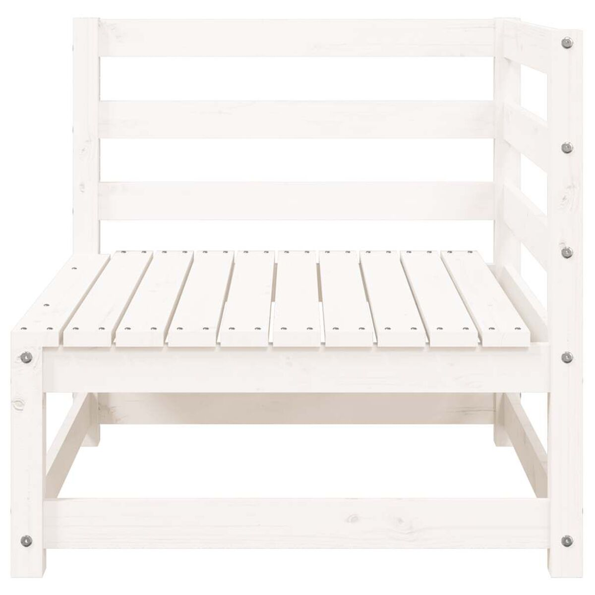 Eckstuhl aus Holz. Der Stuhl ist weiß, aus Holzlatten mit Sitz- und Rückenlehne.