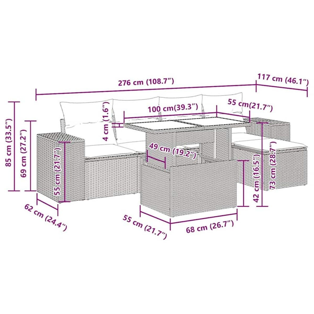Geflochtenes Gartenmöbel-Set mit Maßen. Enthält Sofa, Tisch und Aufbewahrungs-Hocker.