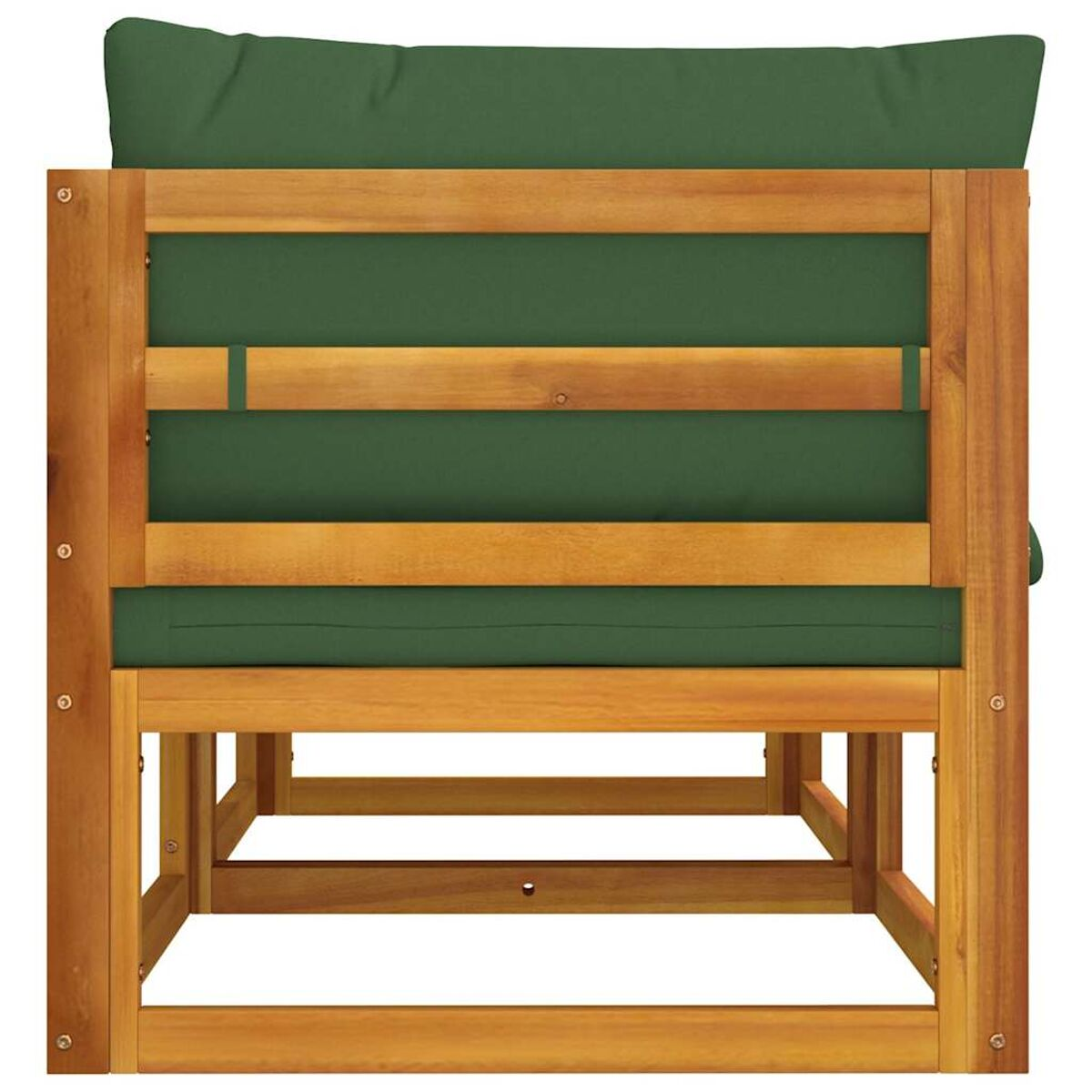 Holzstuhl für den Außenbereich mit grünem Kissen und Rückenlehne, Vorderansicht.