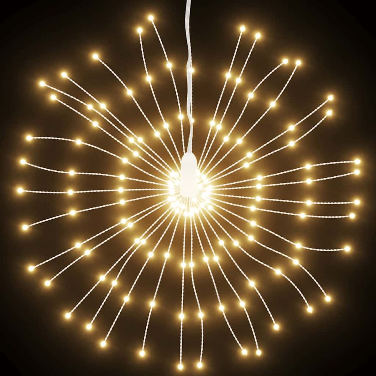 Sternförmige Leuchte mit vielen kleinen Lichtern, die von der Mitte ausstrahlen. Die Lichter sind warm gelb.