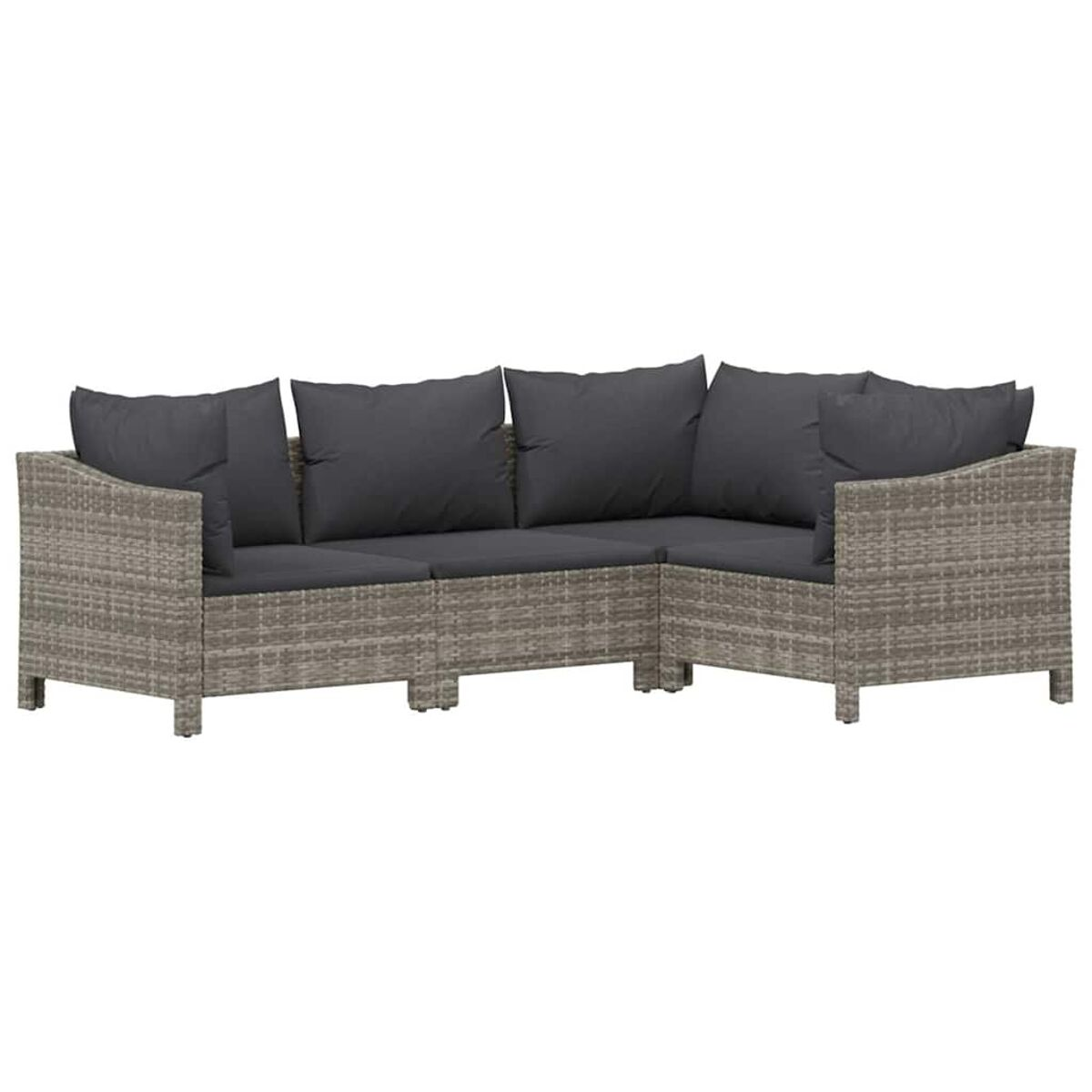Ein graues Ecksofa aus Rattan mit Kissen auf weißem Hintergrund. Das Sofa besteht aus drei Teilen.