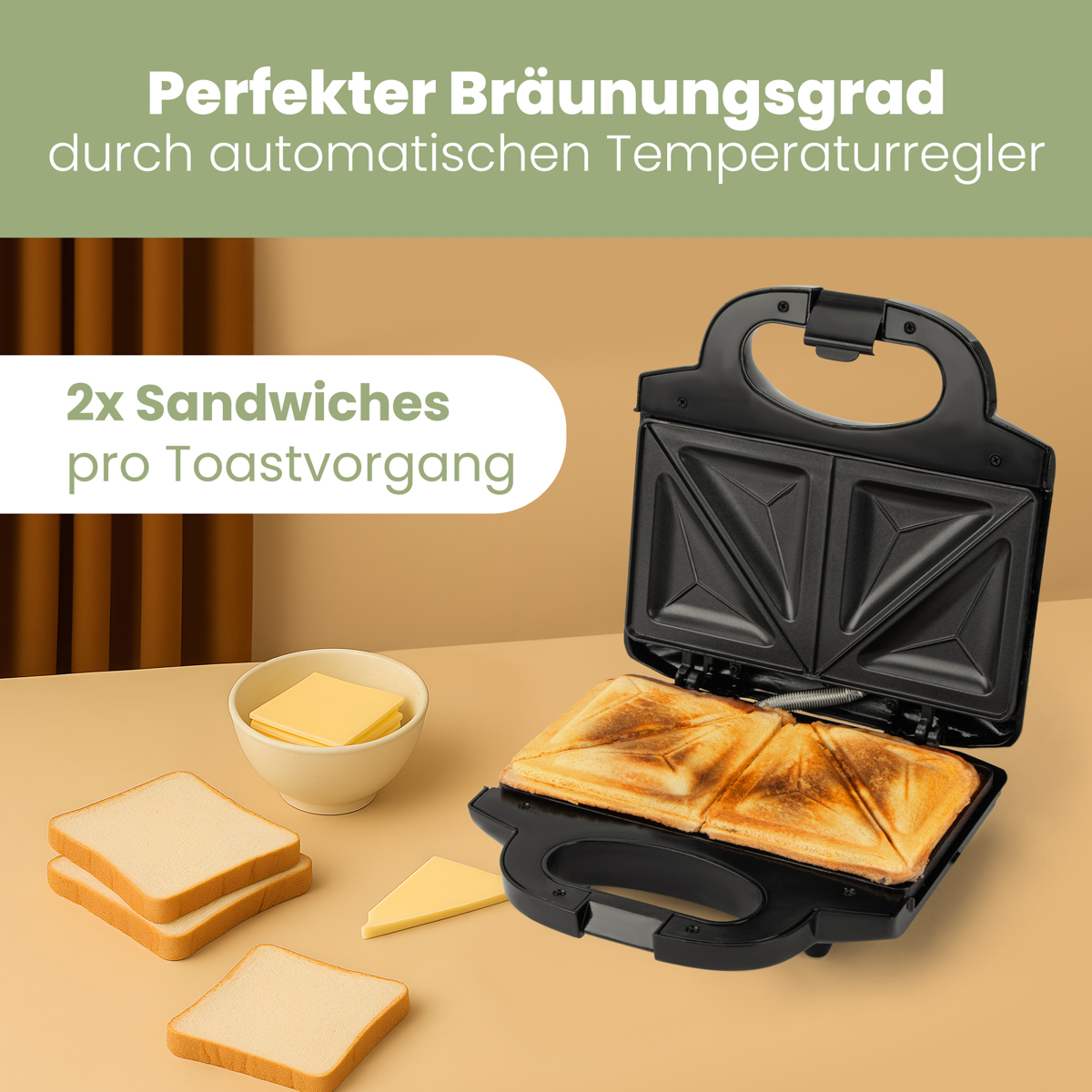 Toster z dwiema kanapkami, kromkami chleba i masłem. Tekst: idealne brązowienie przez auto temp.