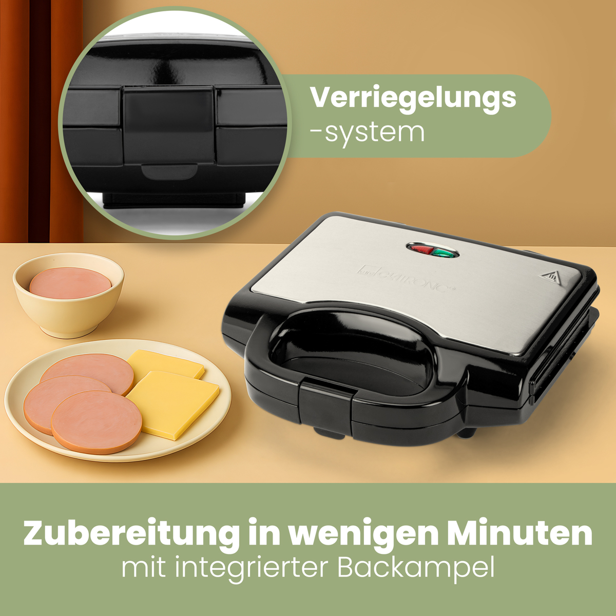 Gofrownica ze składnikami, czarno-srebrna. Tekst: Przygotowanie w kilka minut.