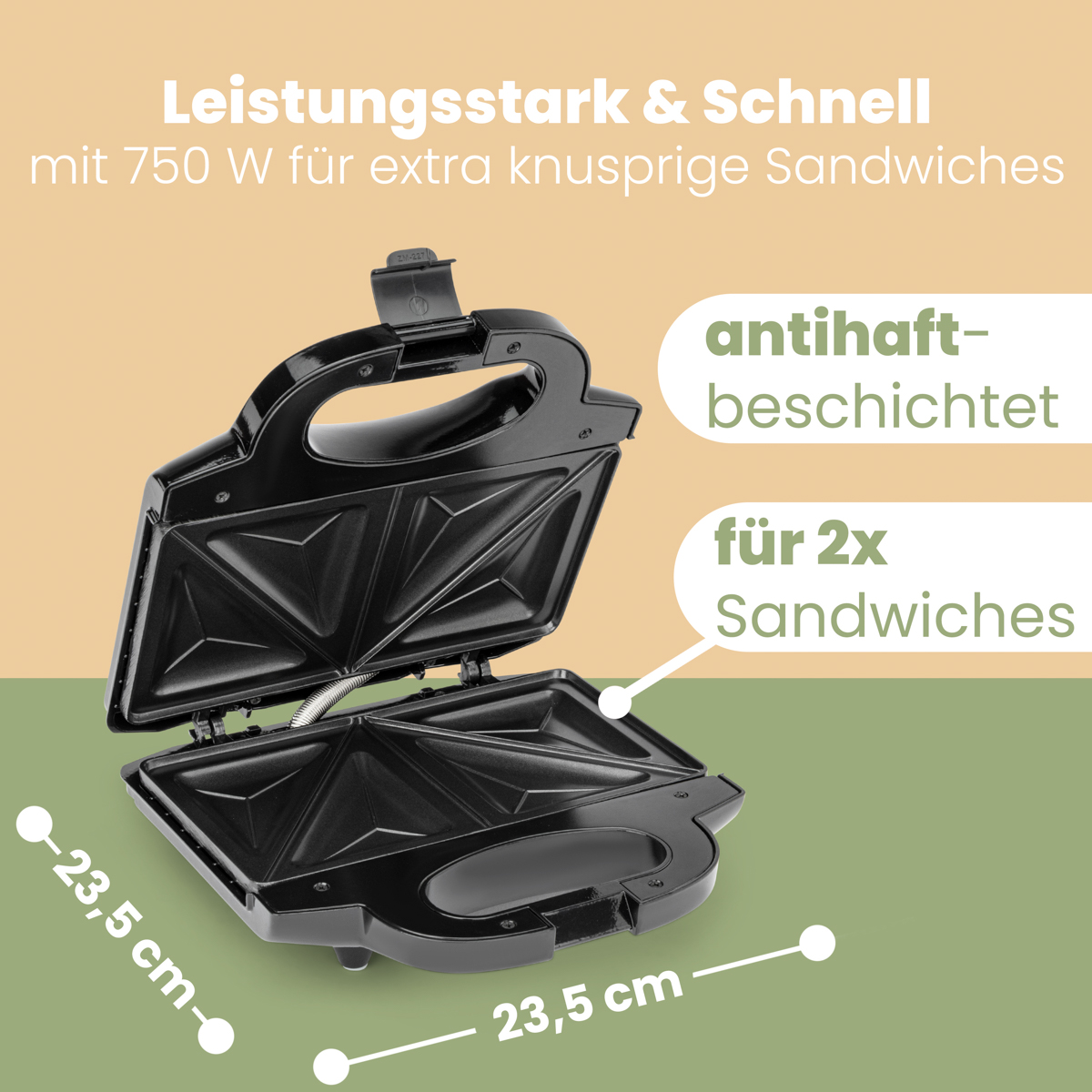 Czarny opiekacz do kanapek, otwarty, z tekstem opisującym funkcje i wymiary.