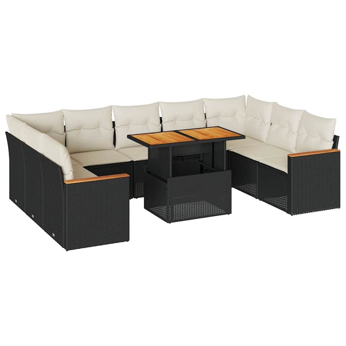 Divano componibile da esterno con tavolo. Vimini nero con cuscini color crema e braccioli in legno.