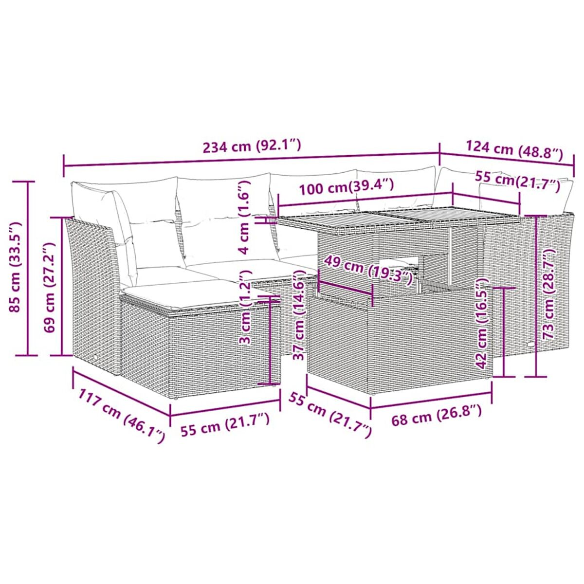 Disegno tecnico con dimensioni di un set di divani componibili, tavolo e pouf da esterno in centimetri.