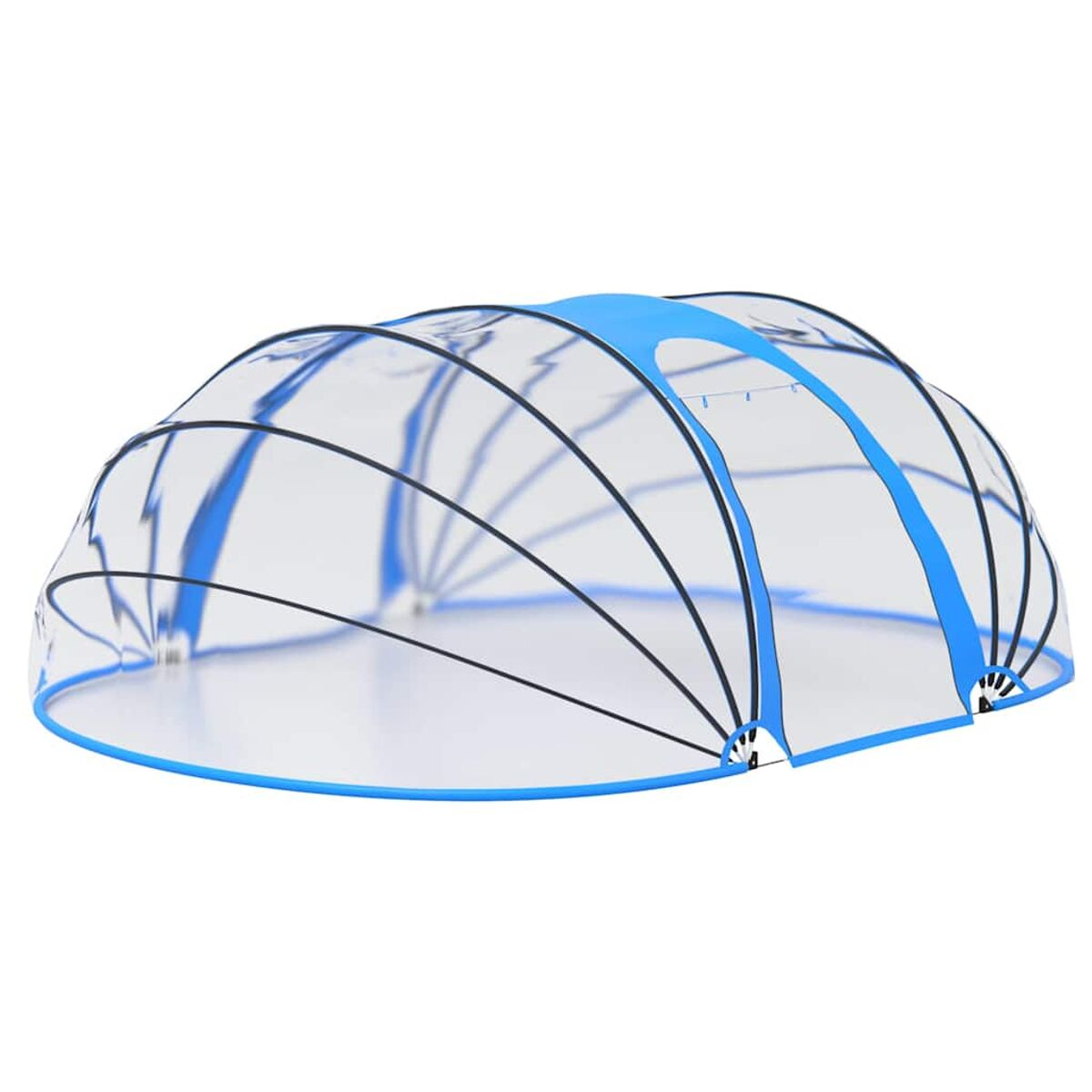 Transparente, kuppelförmige Lebensmittelabdeckung mit blauem Rand und schwarzen Stützbögen, auf weißer Oberfläche.