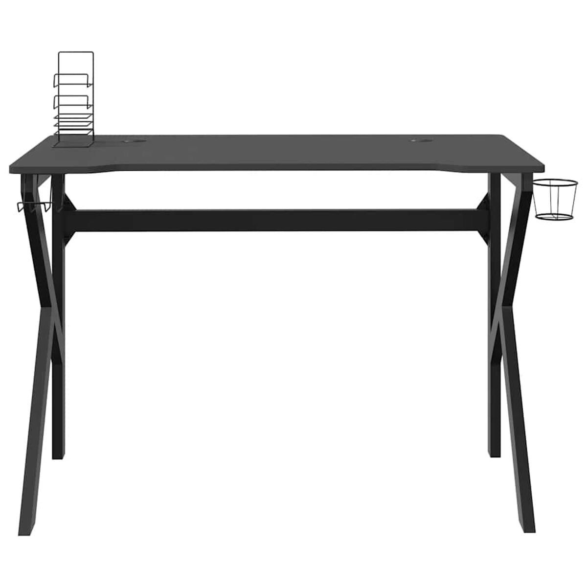 Schwarzer Gaming-Schreibtisch mit kreuzförmigem Bein-Design und Zubehör.