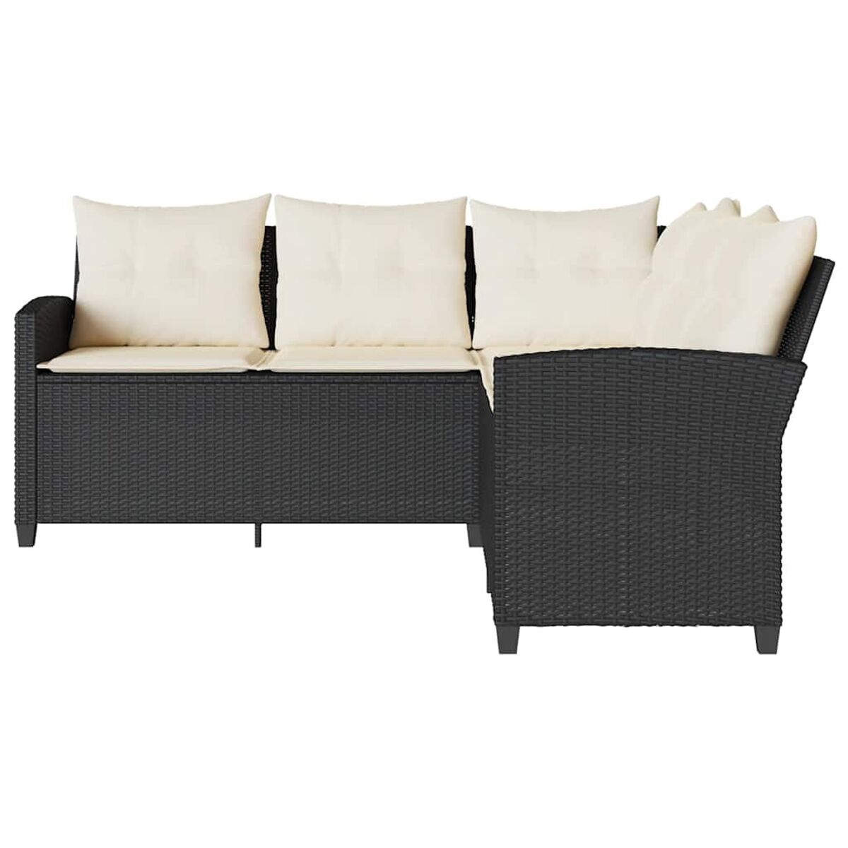 Set divani neri da esterno con cuscini bianchi. Il set è in materiale tessuto.