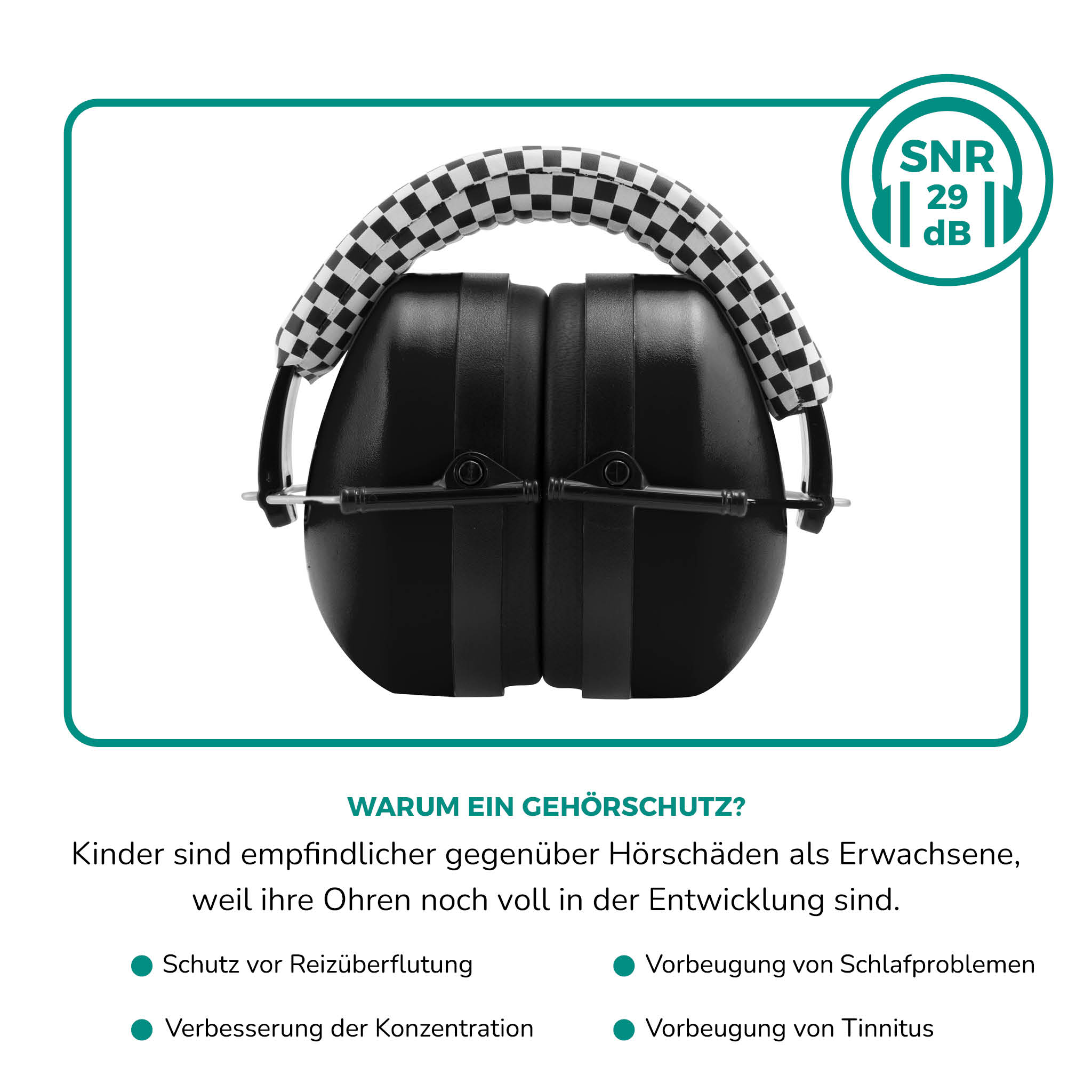 Schwarze Ohrenschützer mit kariertem Band, Text zur Erklärung des Zwecks des Gehörschutzes für Kinder.