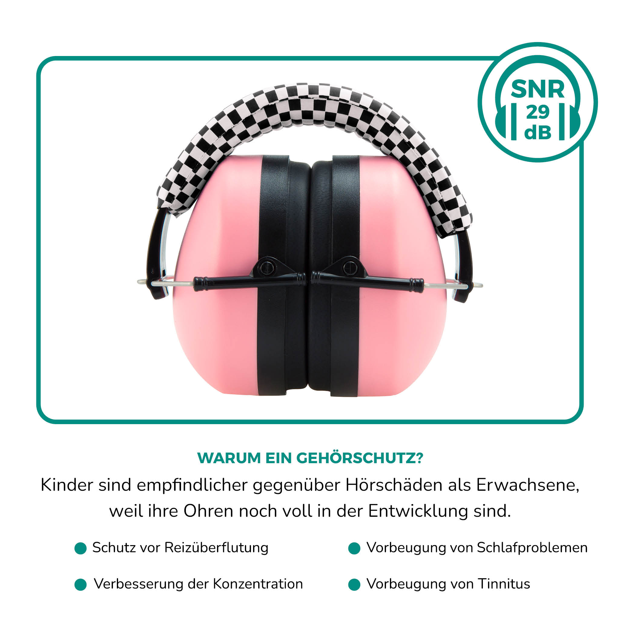 Rosa Ohrenschützer mit schwarzen Akzenten und kariertem Stirnband, SNR 29 dB, auf weißem Hintergrund.