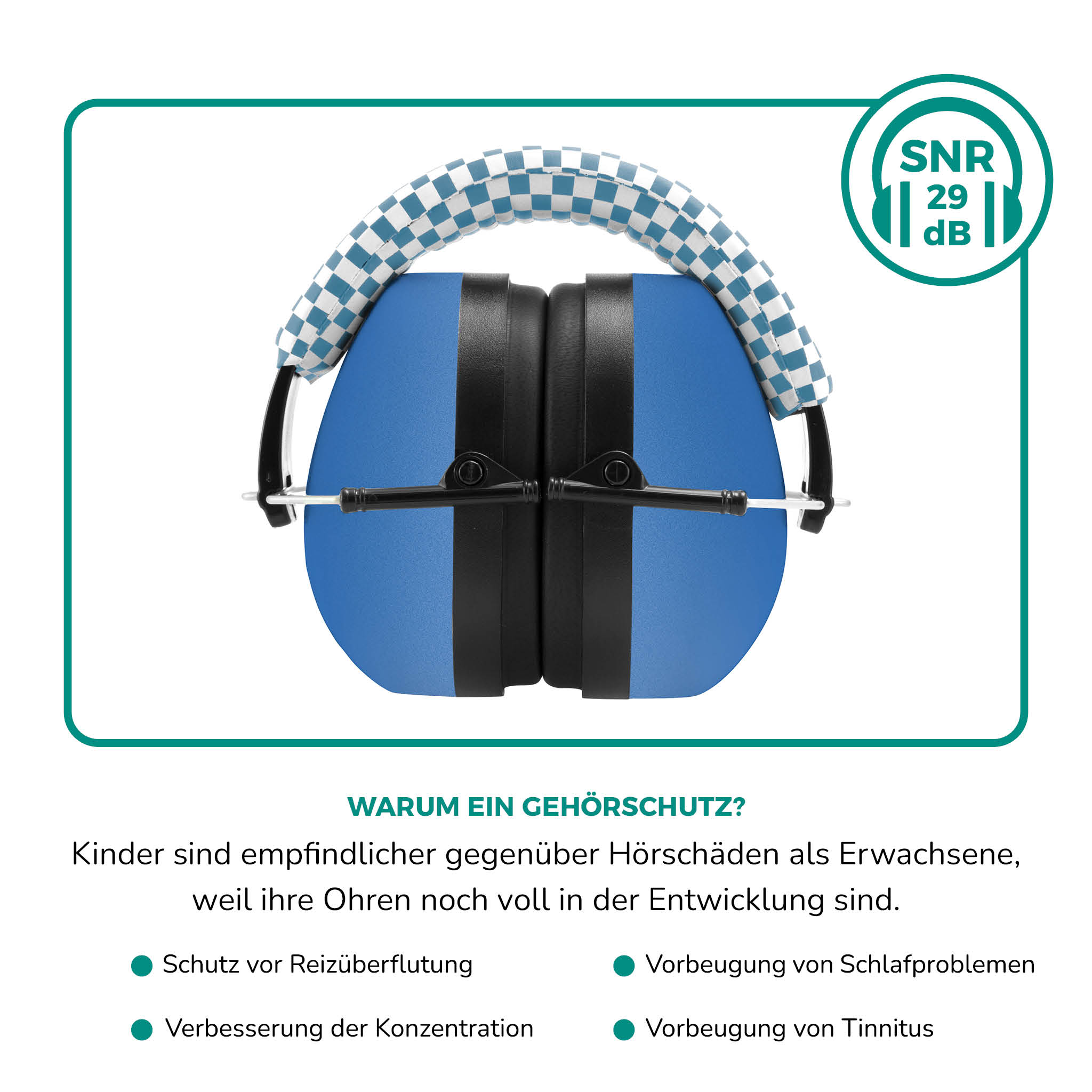 Blaue und schwarze Ohrenschützer mit kariertem Stirnband, mit deutschem Text zum Gehörschutz.