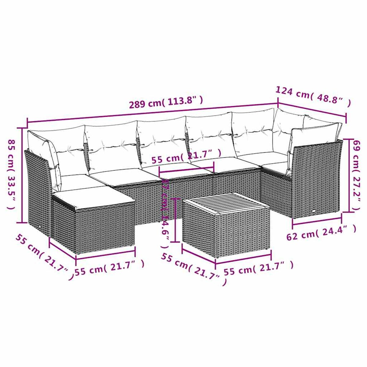 Outdoor-Möbelset, Abmessungen gezeigt. Sofa und Couchtisch.