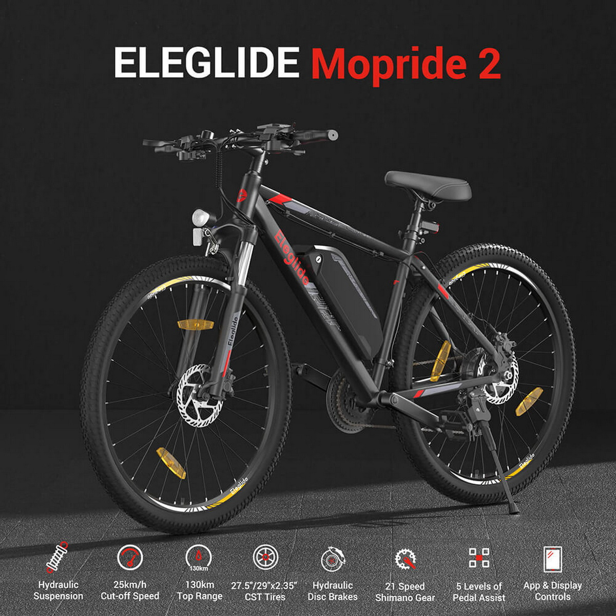 Czarno-czerwony rower elektryczny. Cechy: zawieszenie hydrauliczne, hamulce tarczowe, 21 biegów, sterowanie aplikacją.