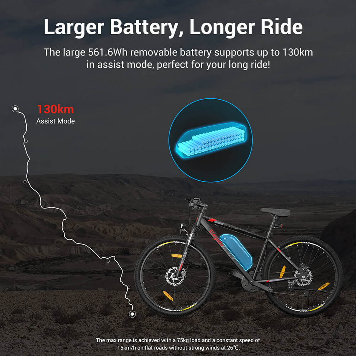 Rower elektryczny na górskiej drodze. Tekst pokazuje baterię z zasięgiem 130 km w trybie wspomagania. W tle góry.