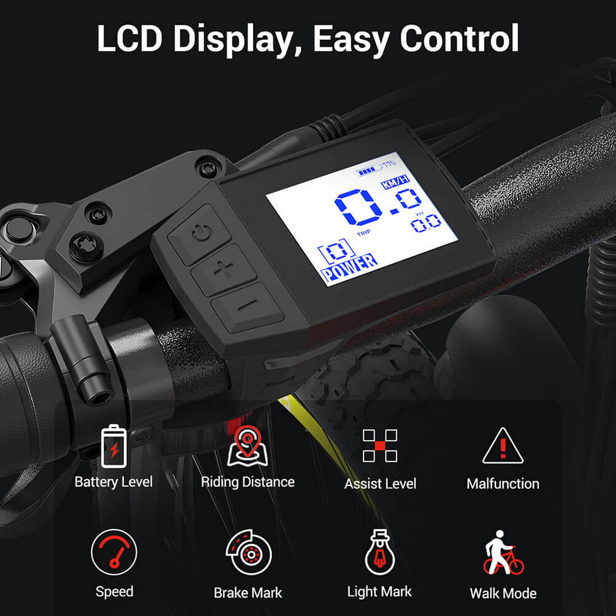 Ein schwarzes LCD-Display mit Tasten. Zeigt Batteriestand, Geschwindigkeit und andere Fahrradinformationsanzeigen an.