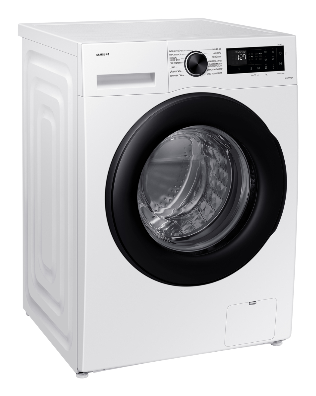 Weiße Waschmaschine mit schwarzer Tür und Bedienfeld.