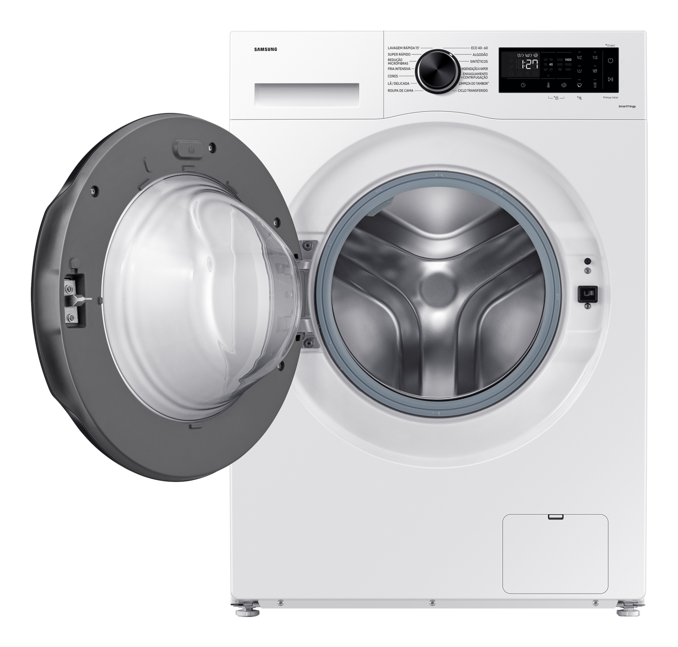 Weiße Samsung Waschmaschine mit offener Tür. Trommel und Bedienfeld sind sichtbar.