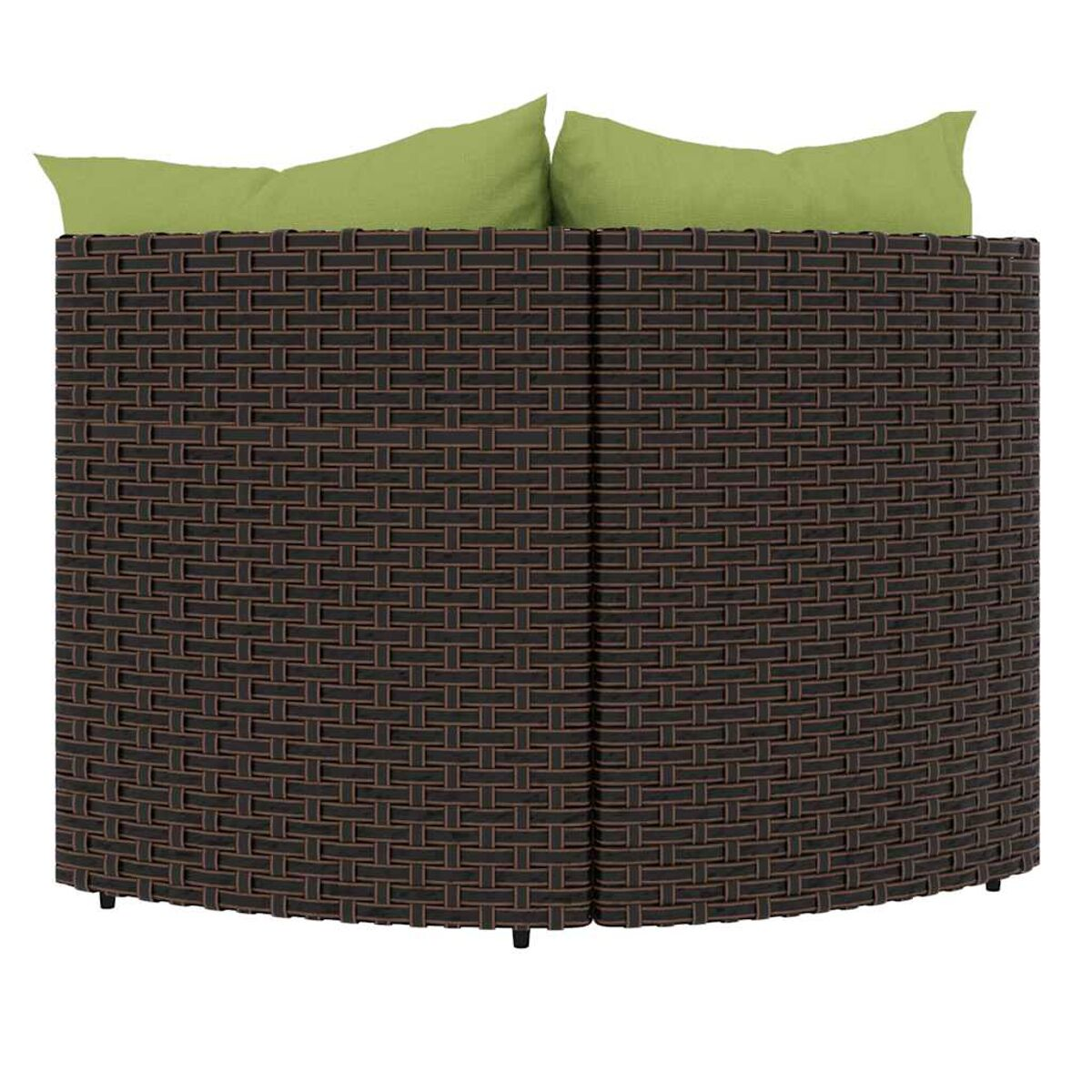 Geschwungenes braunes Korban-Sofa mit zwei grünen Kissen. Das Sofa ist kreisförmig.