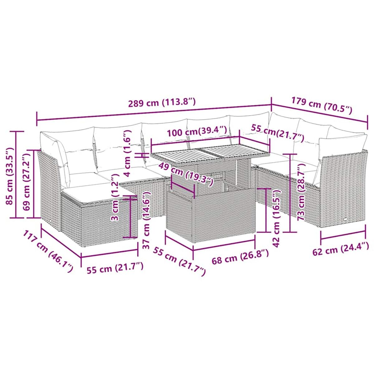 Un diagramma dettagliato che mostra le dimensioni di un set di divani componibili per esterni in centimetri.