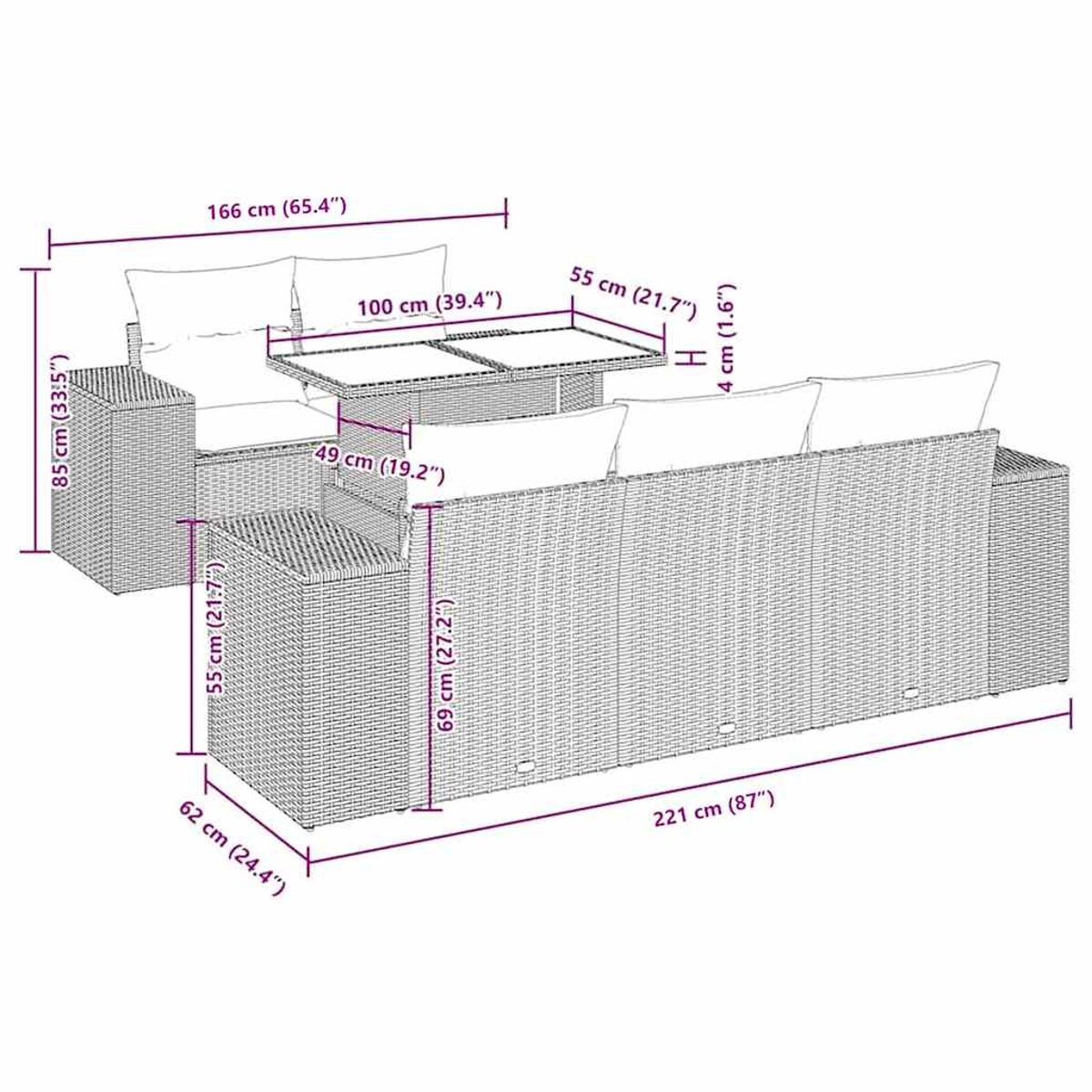 Outdoor-Sofa mit beschrifteten Abmessungen. Das Sofa ist dunkelgrau und hat einen Tisch.