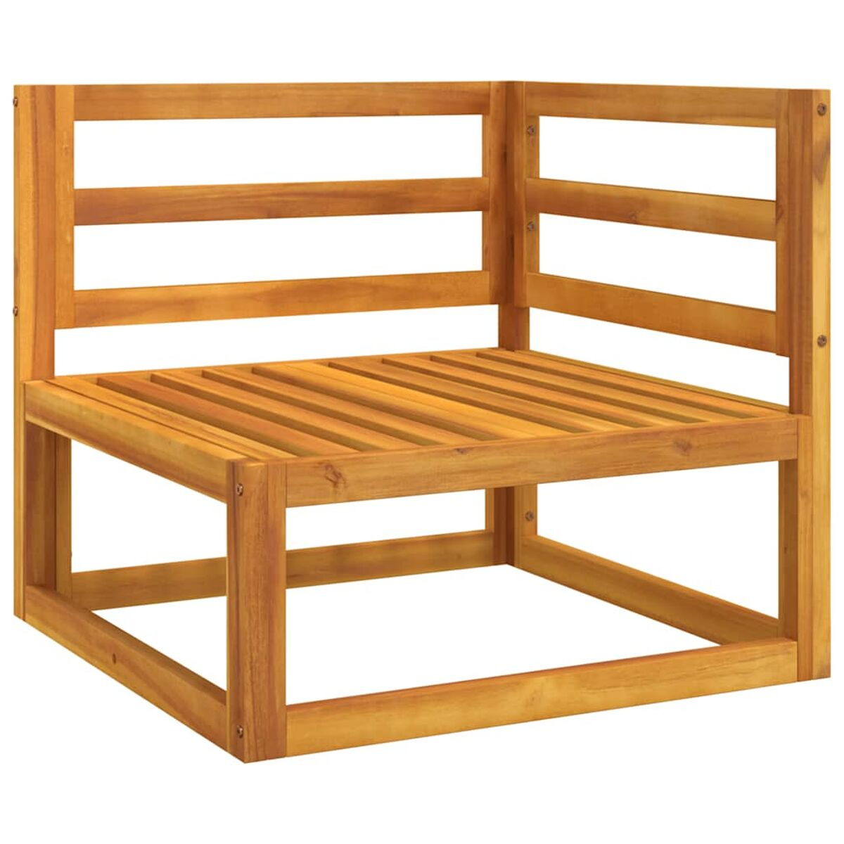 Ein hölzerner Eckstuhl mit quadratischer Form und horizontalen Lamellen, aus hellbraunem Holz.