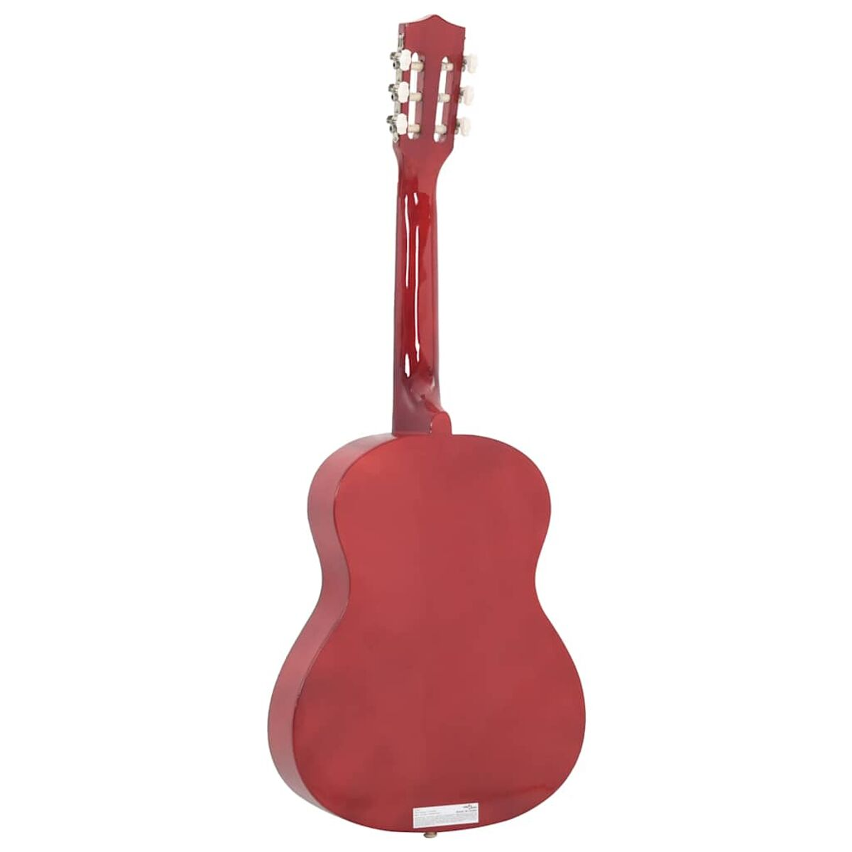 Rote Akustikgitarre, Rückansicht, mit weißen Stimmwirbeln und glänzendem Finish.