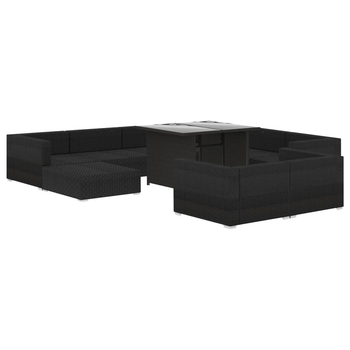 Schwarzes Gartenmöbel-Set mit Tisch. Weißer Hintergrund.
