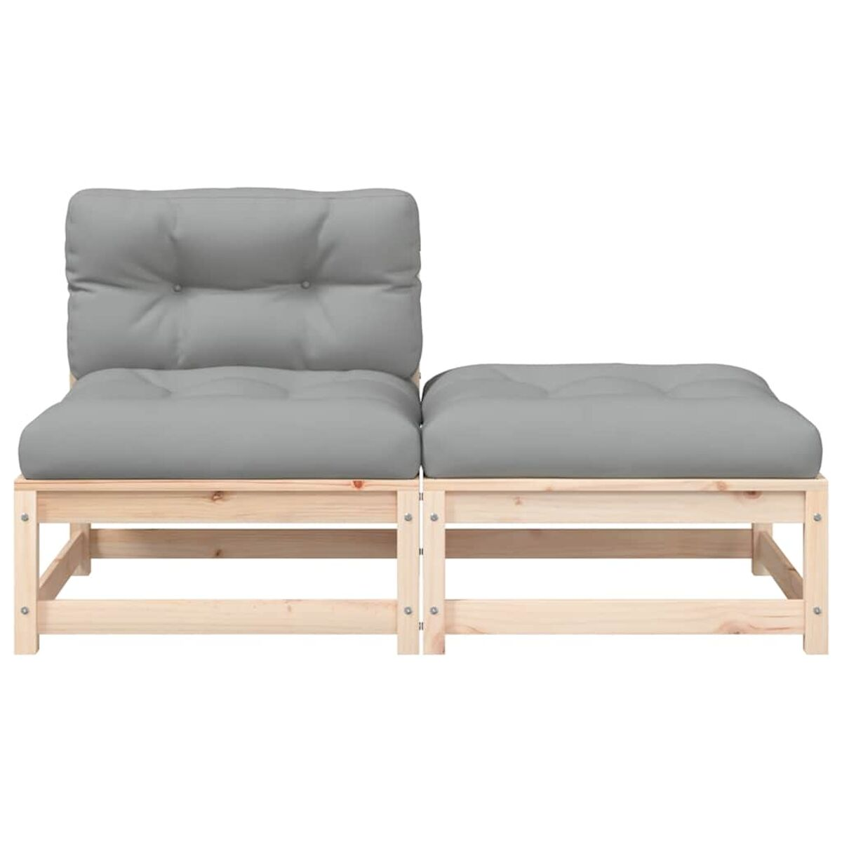 Graues Futonsofa-Set. Zwei Teile: Sofa und Fußstütze, heller Holzrahmen, weißer Hintergrund.
