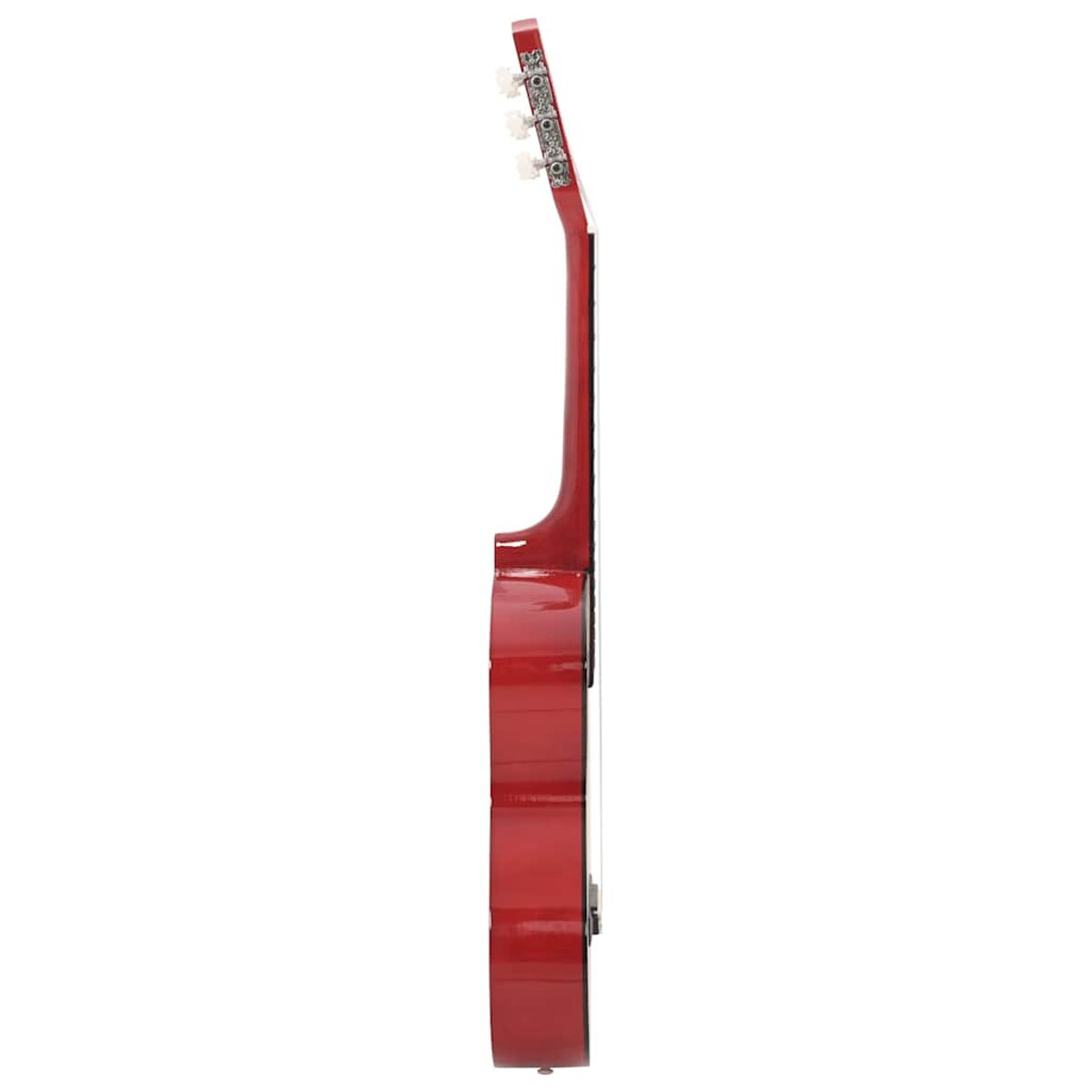 Rote Akustikgitarre, Seitenansicht, die Korpus und Hals zeigt.