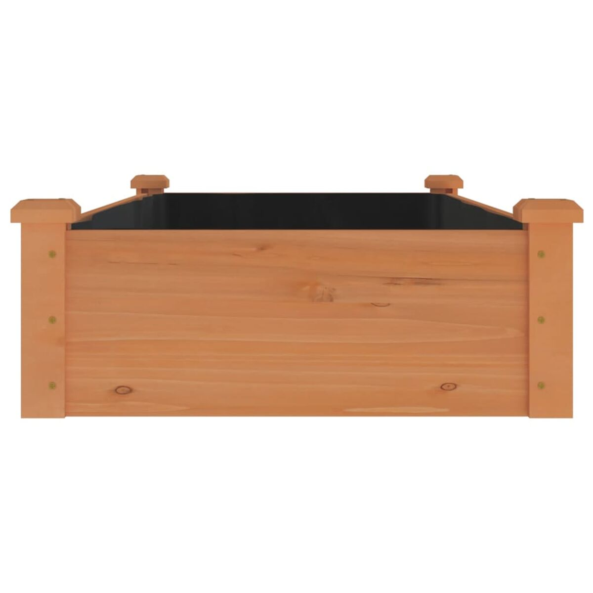 Pflanzkasten aus Holz. Hellbraun. Seitenansicht. Schwarze Innenseite. Isoliert auf weißem Hintergrund.