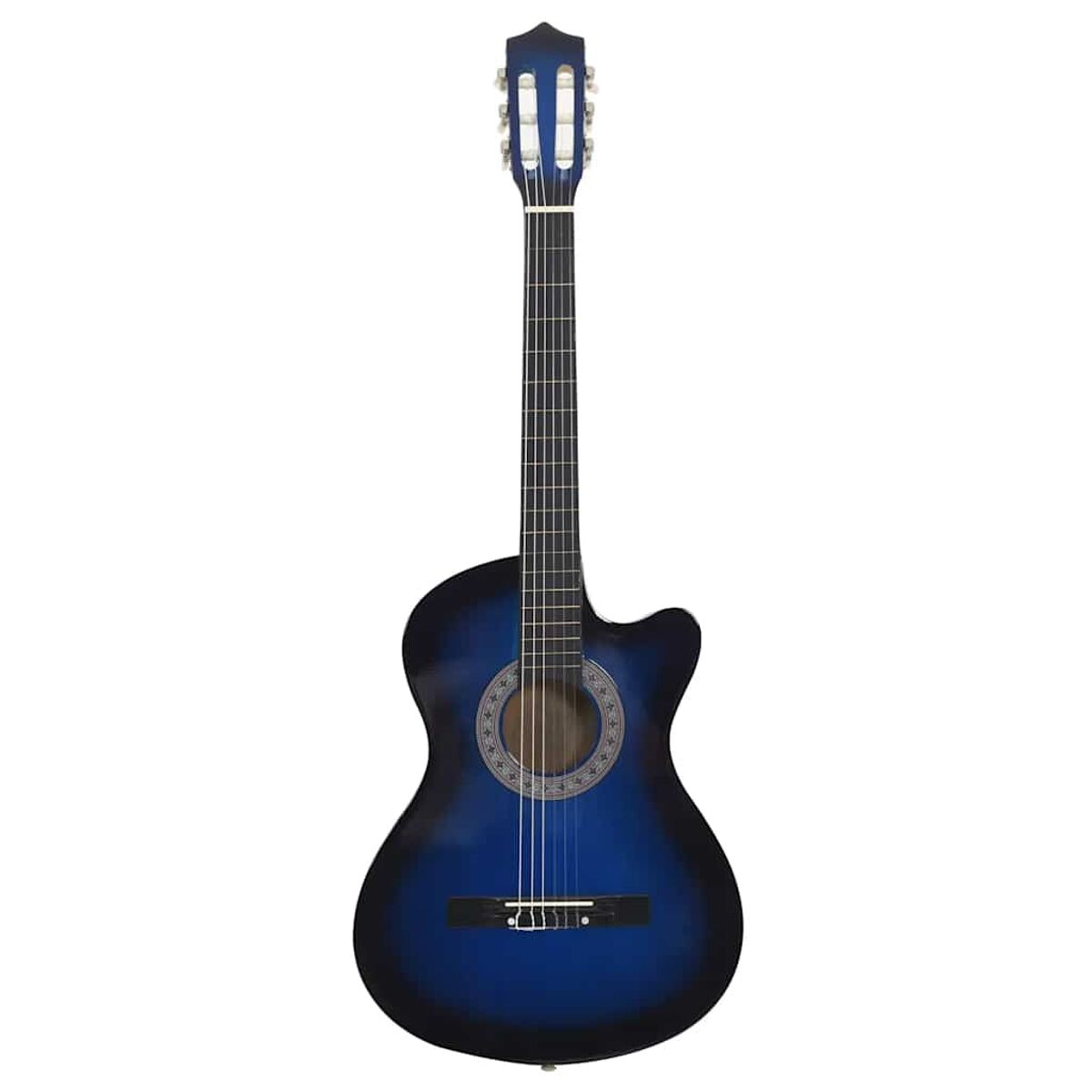 Blaue und schwarze Akustikgitarre. Die Gitarre hat ein Cutaway-Design und eine Rosette um das Schallloch.