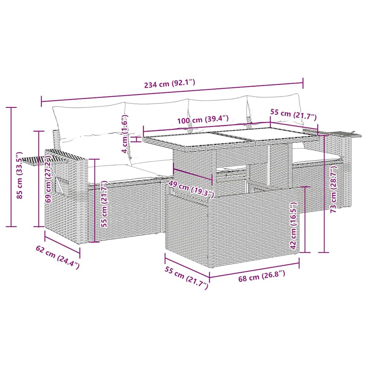 Diagramm eines Korbmöbelsets mit Tischen, das Abmessungen in cm und Zoll zeigt.
