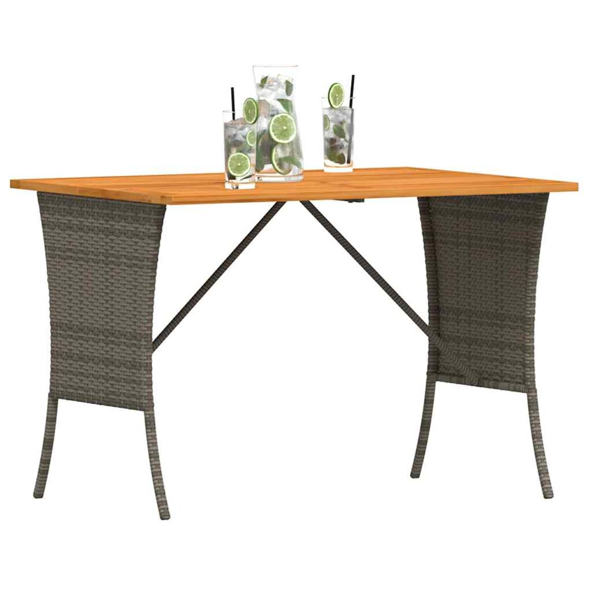 Tavolo da pranzo da esterno con piano in legno e gambe in vimini grigio, con bevande.