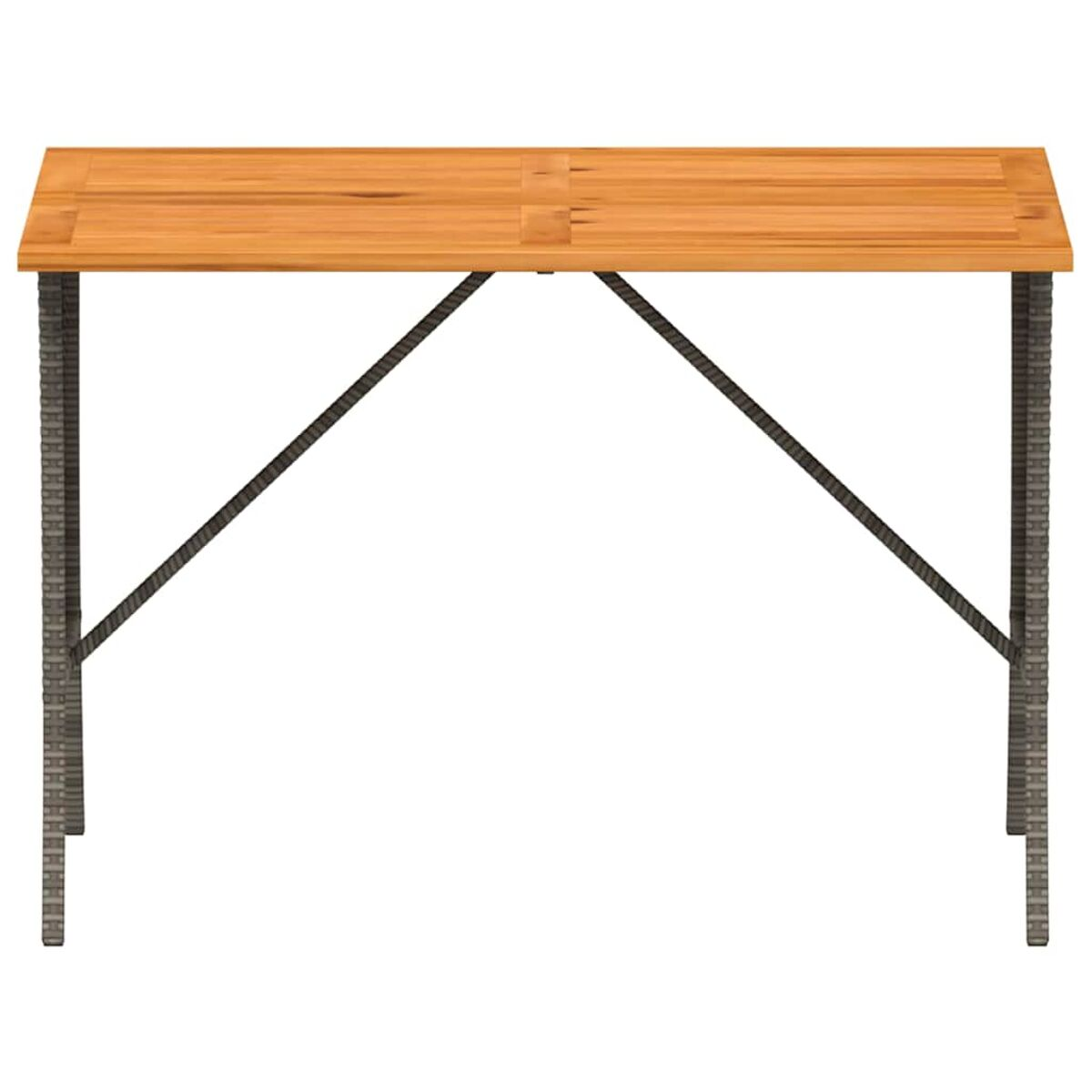 Tavolo rettangolare in legno con gambe grigie. Sfondo bianco.