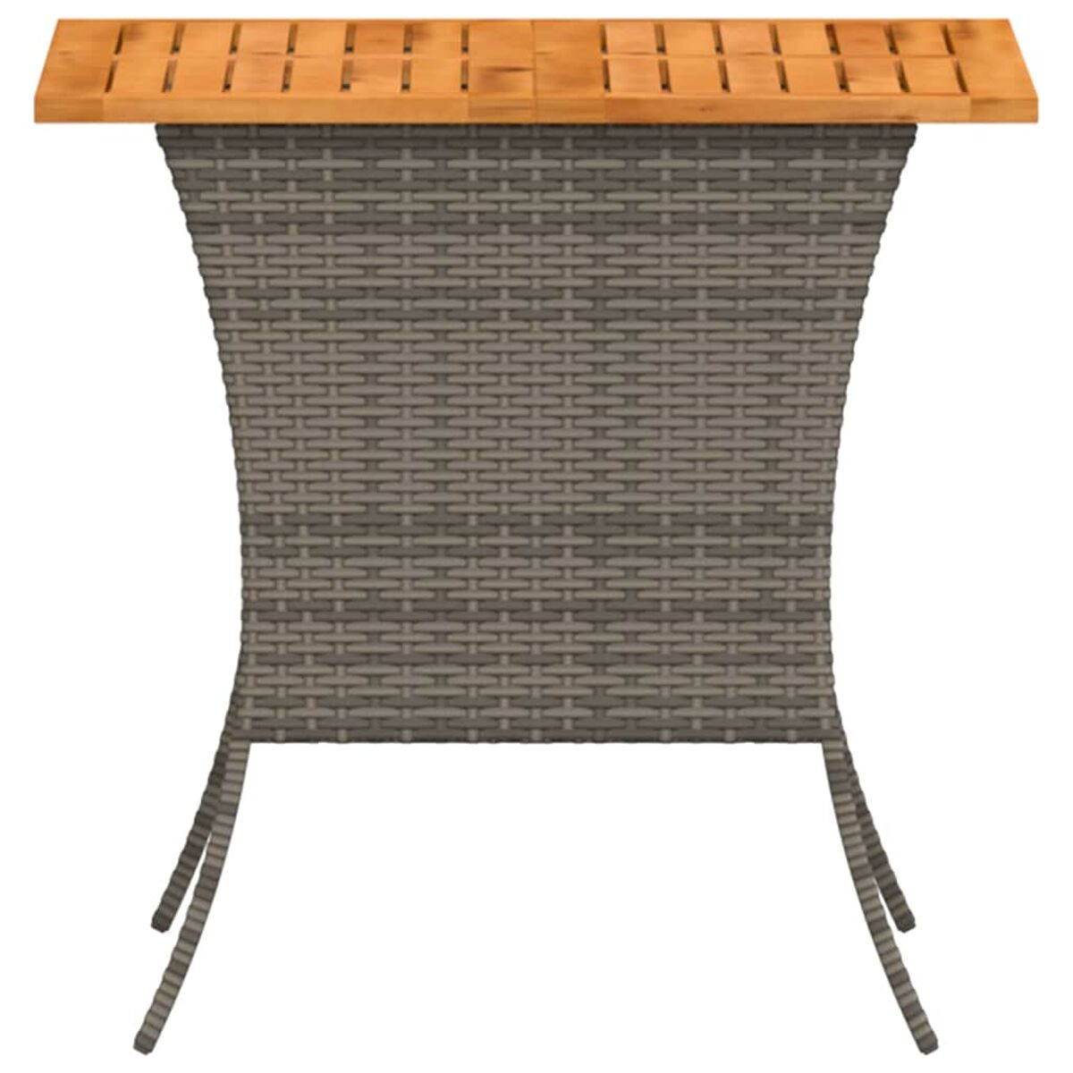 Tavolino grigio con piano in legno, quattro gambe. Il tavolo è realizzato in materiale tessuto.