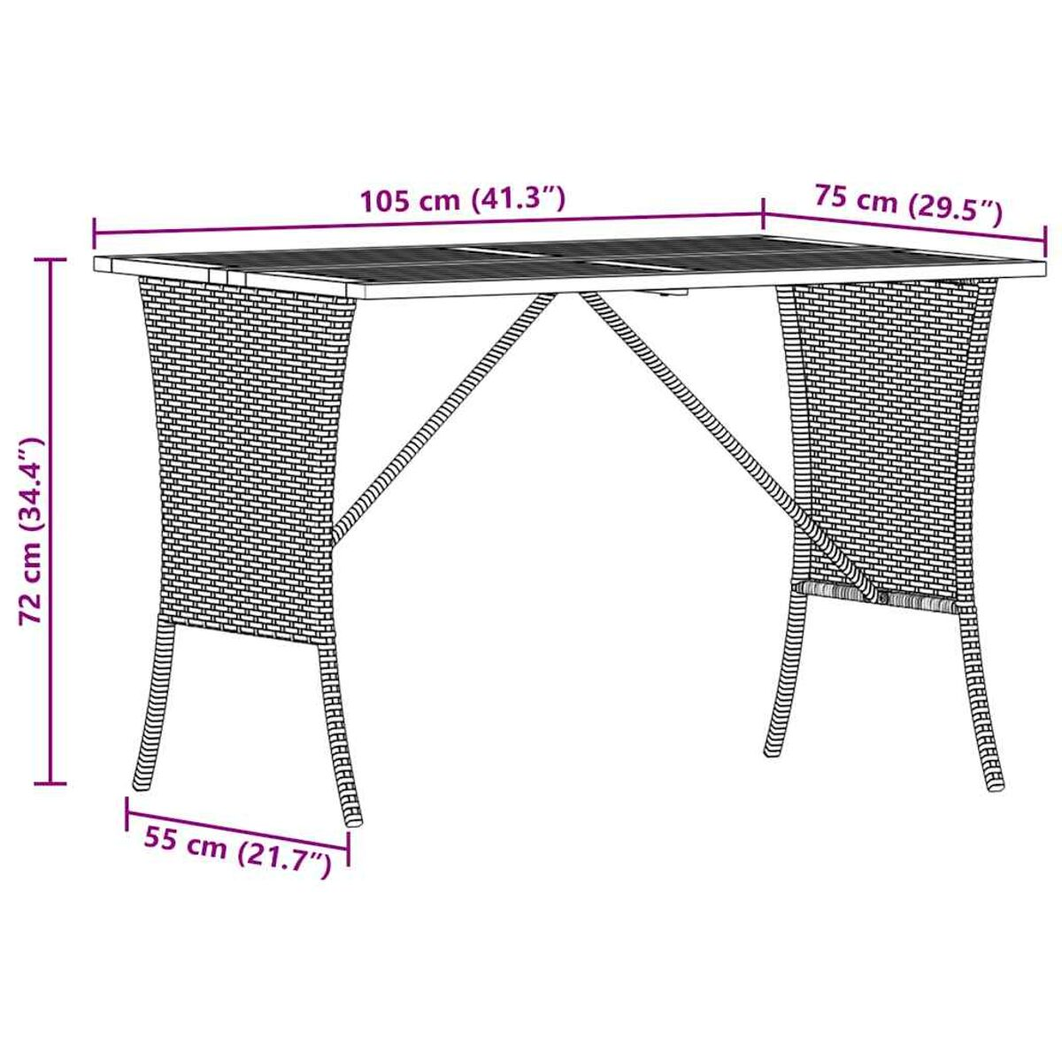 Diagramma che mostra le dimensioni di un tavolo da esterno in vimini in centimetri e pollici.