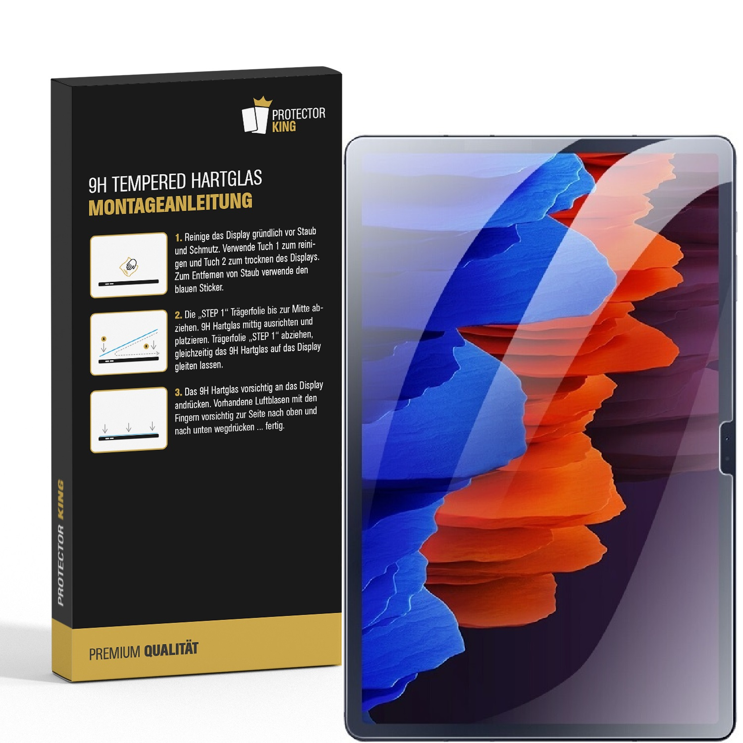 Tablet-Displayschutzfolie mit Anweisungen auf der Verpackung und Tablet daneben.