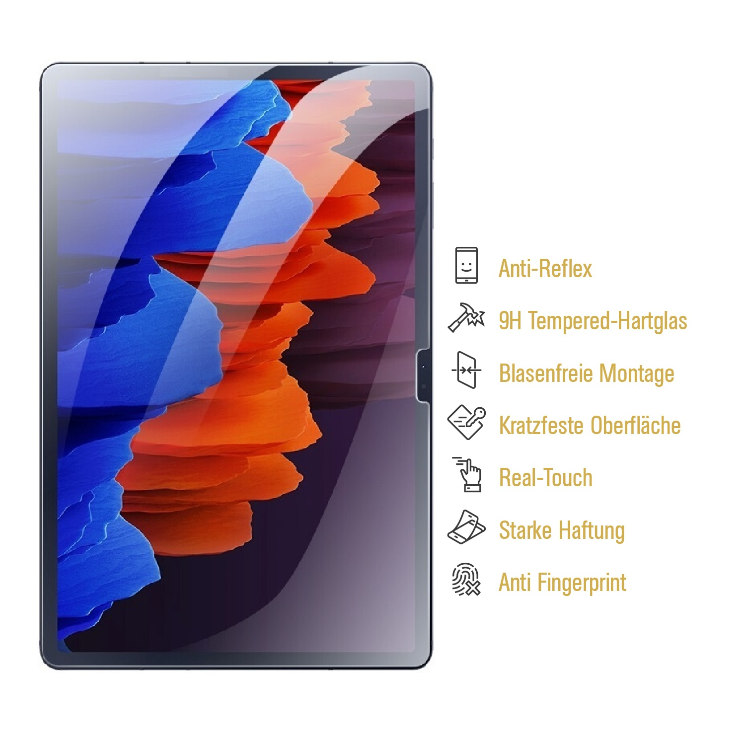 Ein Tablet mit aufgetragener Displayschutzfolie, zu den Funktionen gehören Entspiegelung, gehärtetes Glas und Kratzfestigkeit.