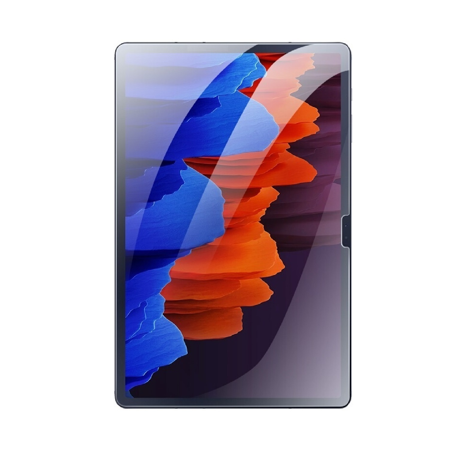 Ein großes Tablet mit einem farbenfrohen abstrakten Bild auf dem Bildschirm. Es hat abgerundete Kanten.