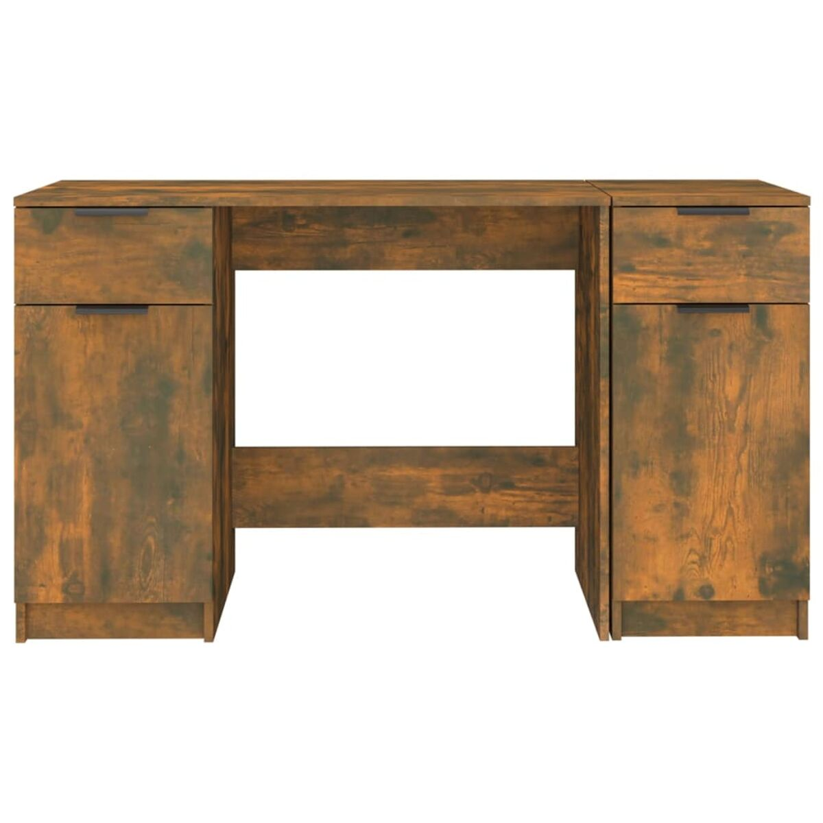 Ein Holzschreibtisch mit zwei Schränken und einem Freiraum in der Mitte. Das Holz ist braun.